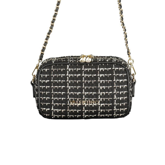 Black and white tweed crossbody bag with gold chain strap and gold hardware