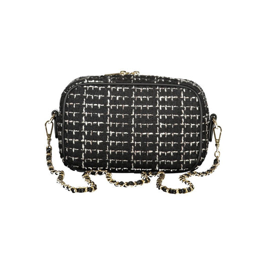 Black and white tweed structured crossbody bag with gold chain strap