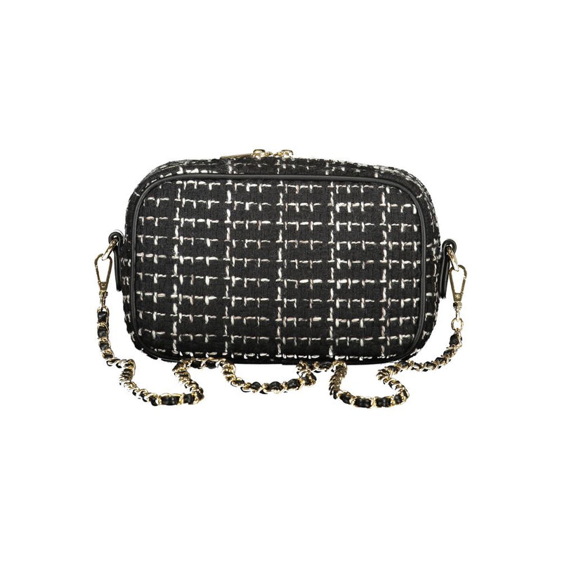 Black and white tweed structured crossbody bag with gold chain strap