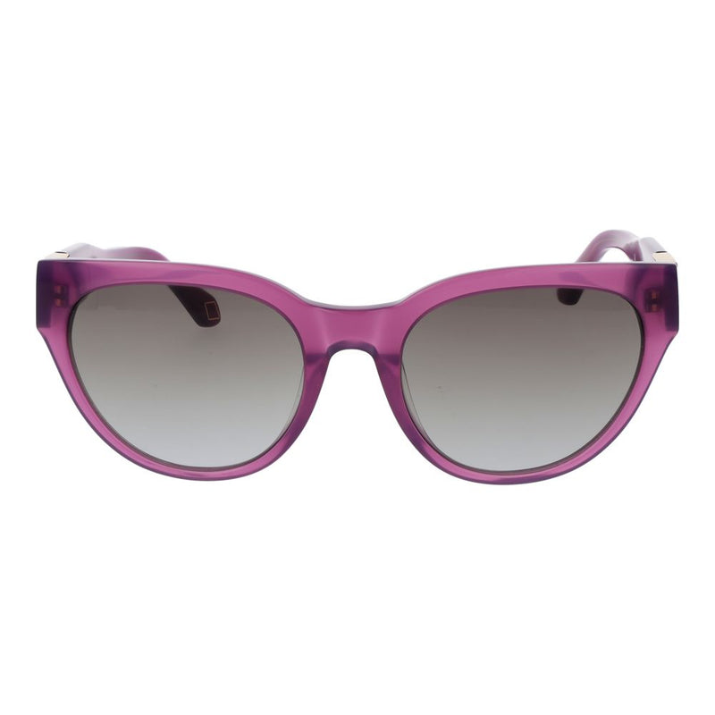 Translucent purple plastic sunglasses with gradient grey lenses in a rounded cat-eye frame
