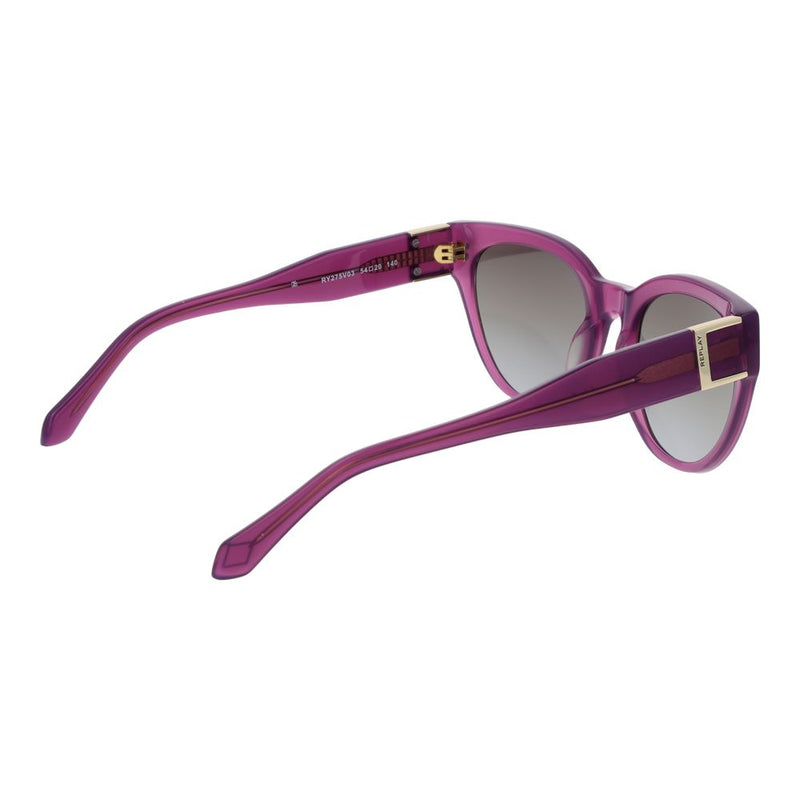 Translucent pink plastic sunglasses with gradient lenses and gold accents viewed from the side