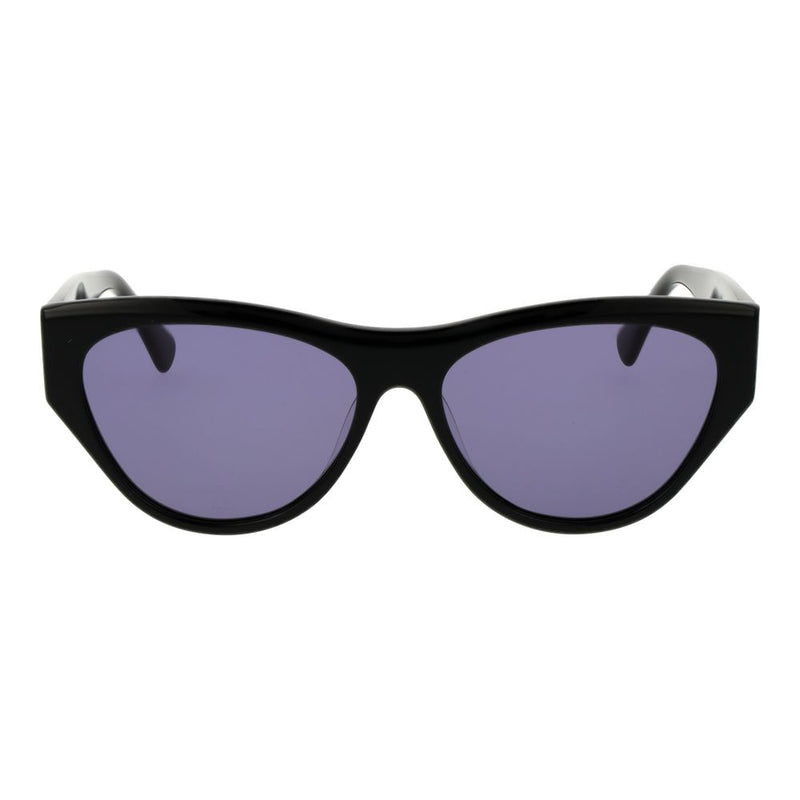 Black plastic cat-eye sunglasses with purple tinted lenses
