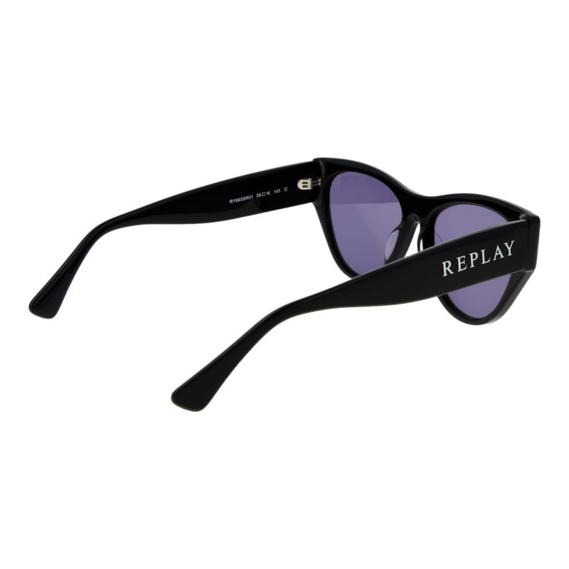 Black plastic Replay sunglasses with purple tinted lenses and thick frames viewed from the side