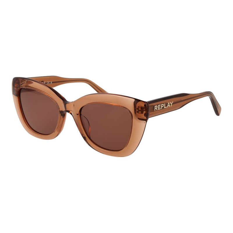 Transparent brown plastic cat-eye sunglasses with tinted lenses and the Replay logo on the temple