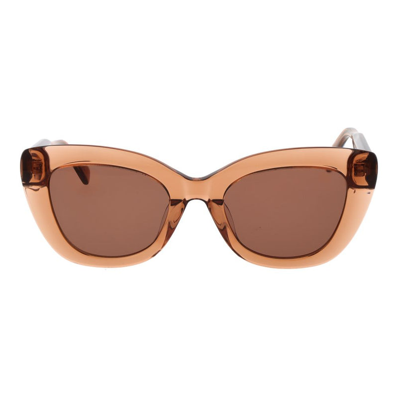 Translucent light brown plastic cat-eye sunglasses with tinted lenses