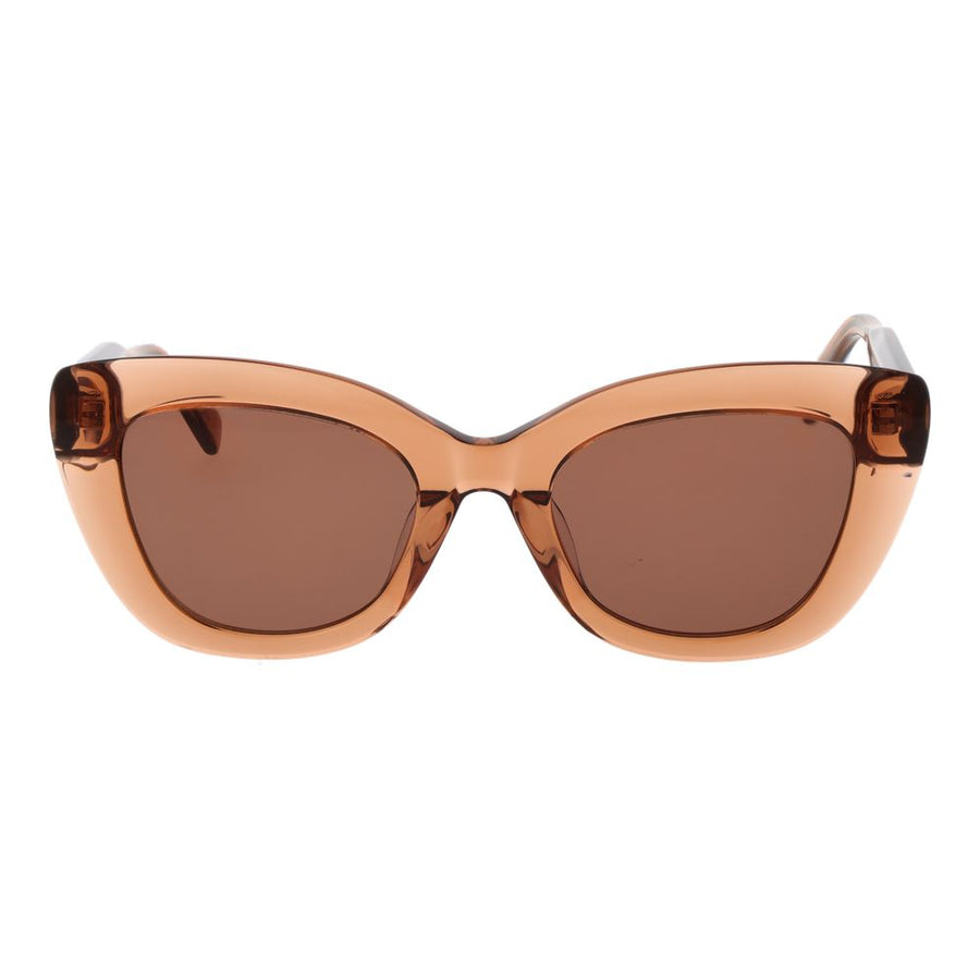 Transparent brown plastic cat-eye sunglasses with tinted lenses and the Replay logo on the temple