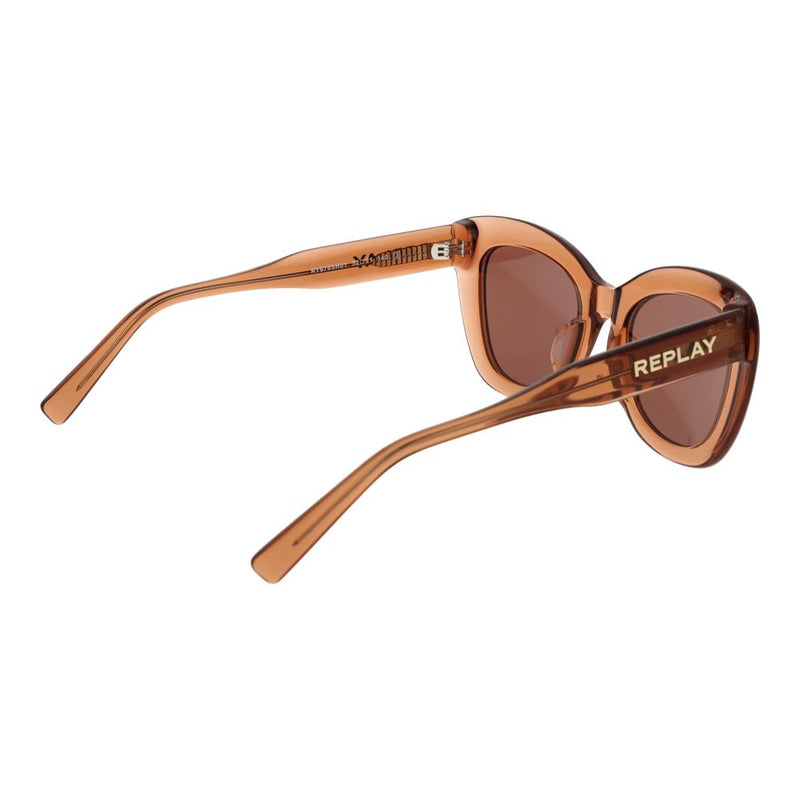 Translucent beige plastic sunglasses with tinted lenses and Replay logo on temple