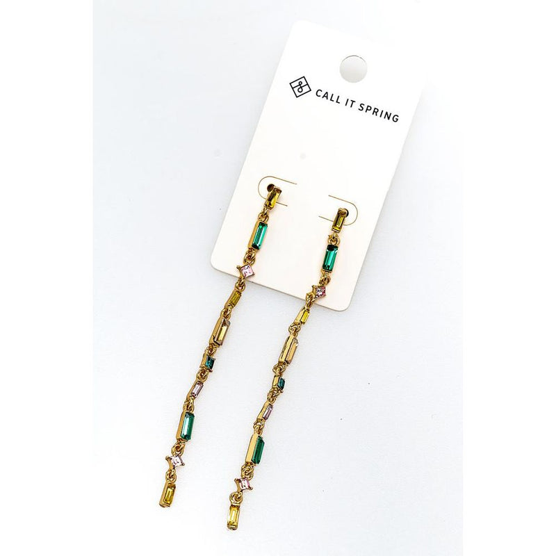 Gold-tone drop earrings featuring multicolored glass crystals in emerald, pink, and yellow baguettes