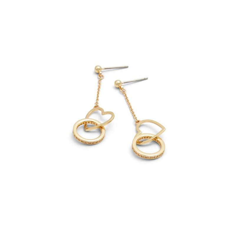 Gold-toned metal drop earrings with interlocking heart and pave-set ring pendants hanging from delicate chains