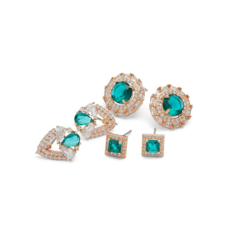 Set of three gold and green crystal stud earrings with rhinestone accents