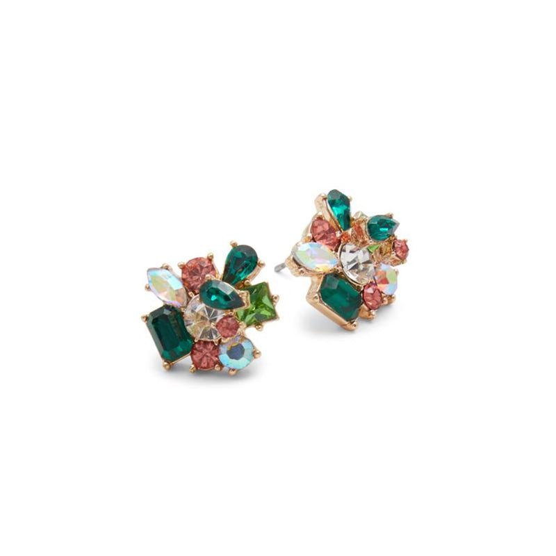 Multicolor crystal cluster stud earrings featuring green, pink, and clear stones set in gold-tone metal