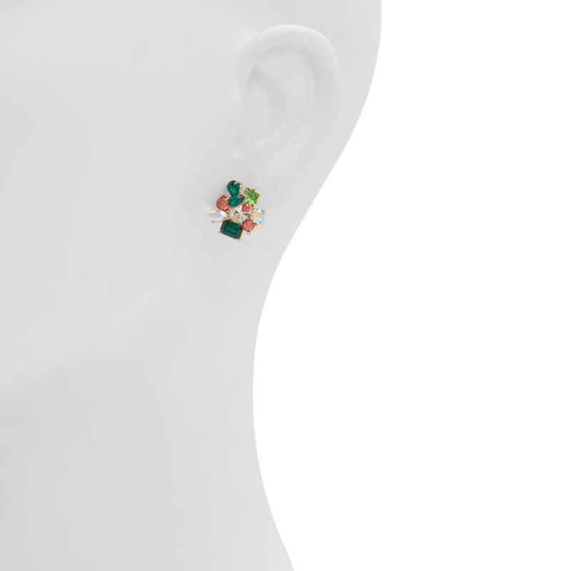 ALDO cluster stud earrings featuring multicolored green and pink crystal stones on an earlobe