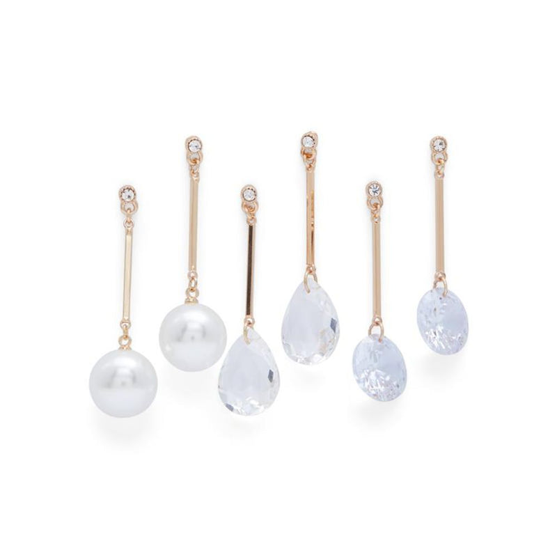 Set of three pairs of dangling earrings with clear and white glass beads on gold-tone metal bars