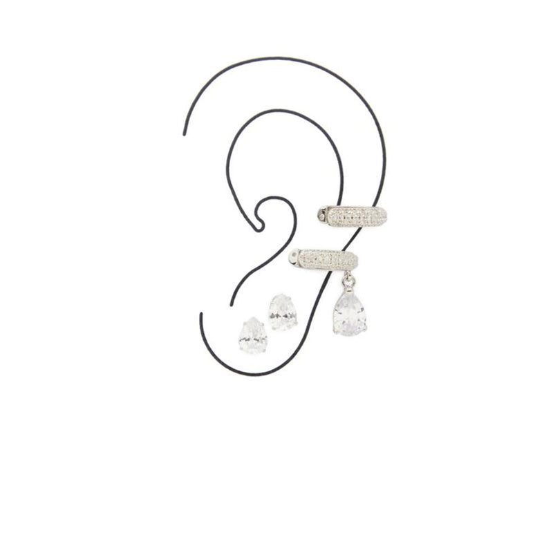 Silver pavé-set huggie hoop and teardrop stud earrings displayed on an ear outline