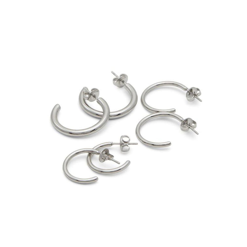 Silver metal hoop earrings in various sizes