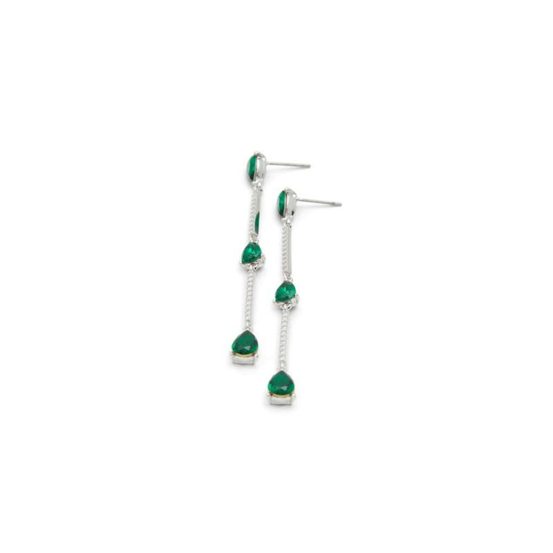Silver dangle drop earrings featuring green teardrop gemstones and delicate crystal chains