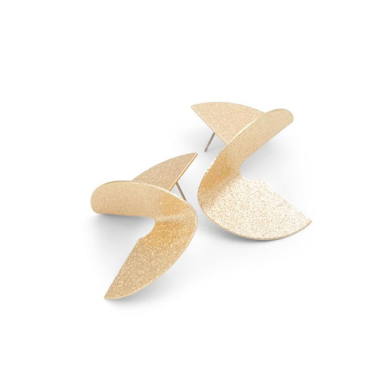 Pair of gold glittery abstract curved stud earrings
