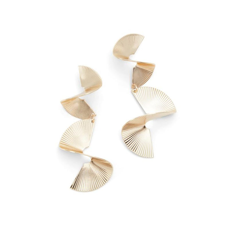 Gold metallic spiral drop earrings with pleated fan-shaped tiers