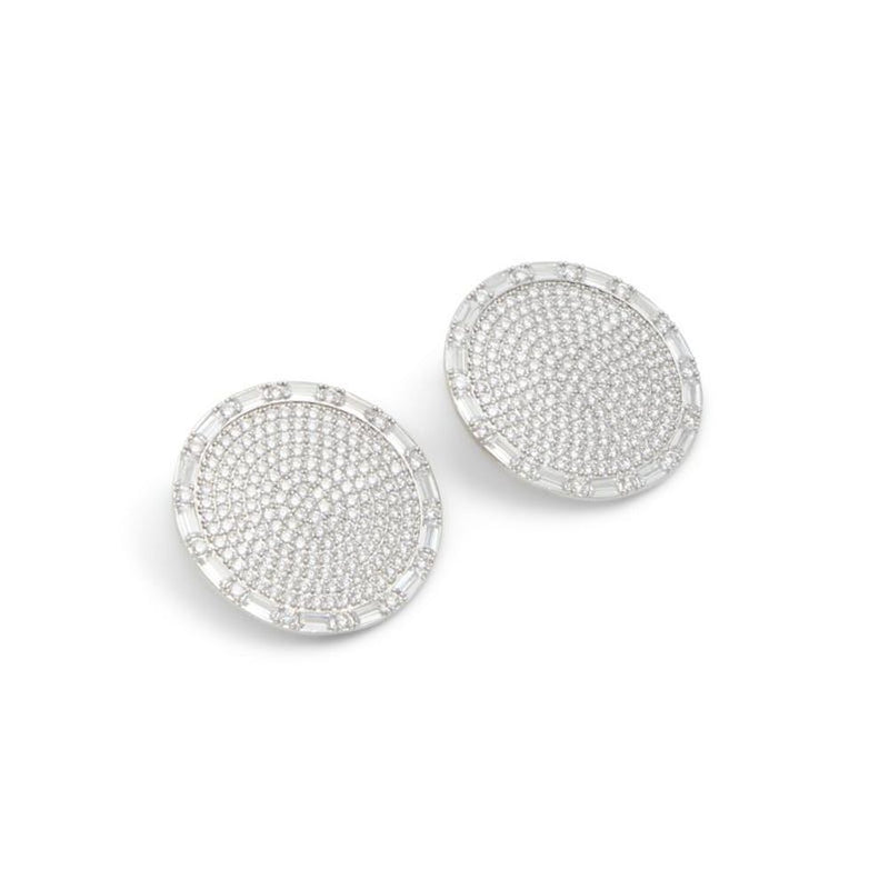 Silver round stud earrings covered in small clear crystals