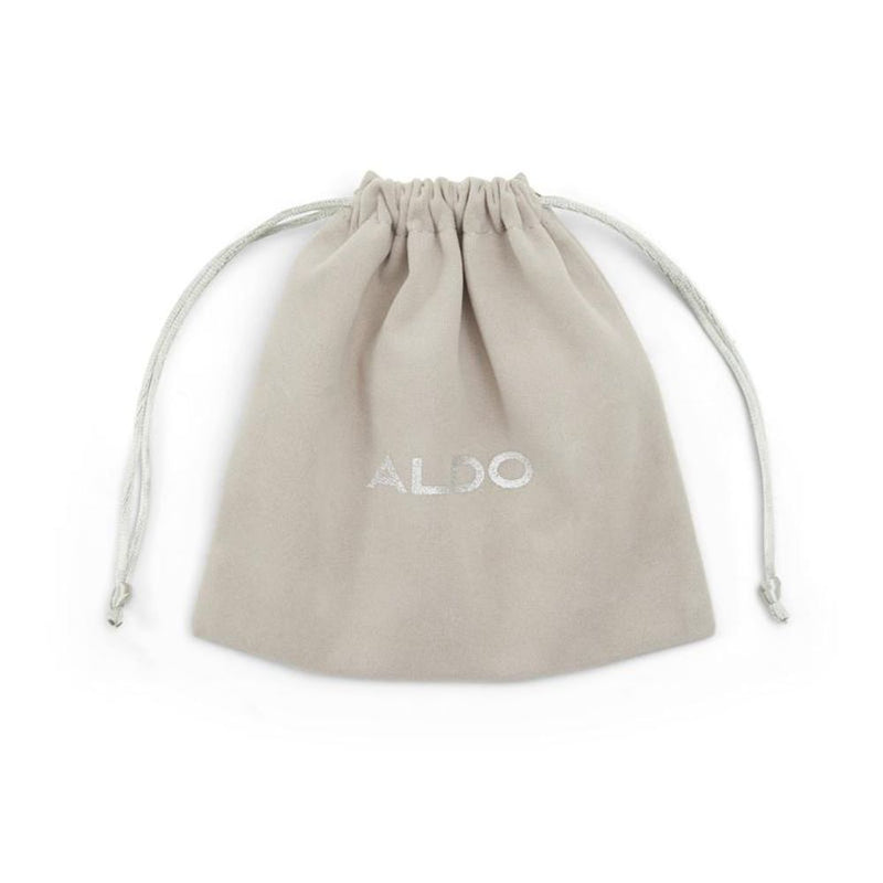 Light grey fabric drawstring jewelry pouch with silver ALDO logo