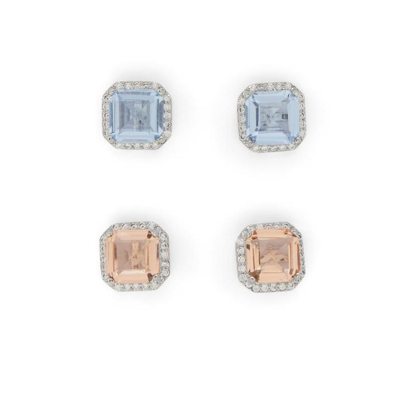 Two pairs of square stud earrings with blue and peach gems, bordered by small clear stones in silver metal settings