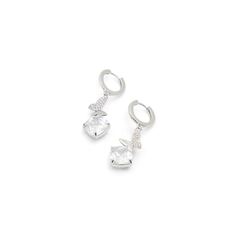Silver hoop earrings with a paved butterfly charm and a large square crystal drop
