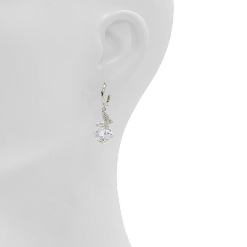 Silver drop earrings with a small hoop, a pave-set butterfly charm, and a large faceted square stone