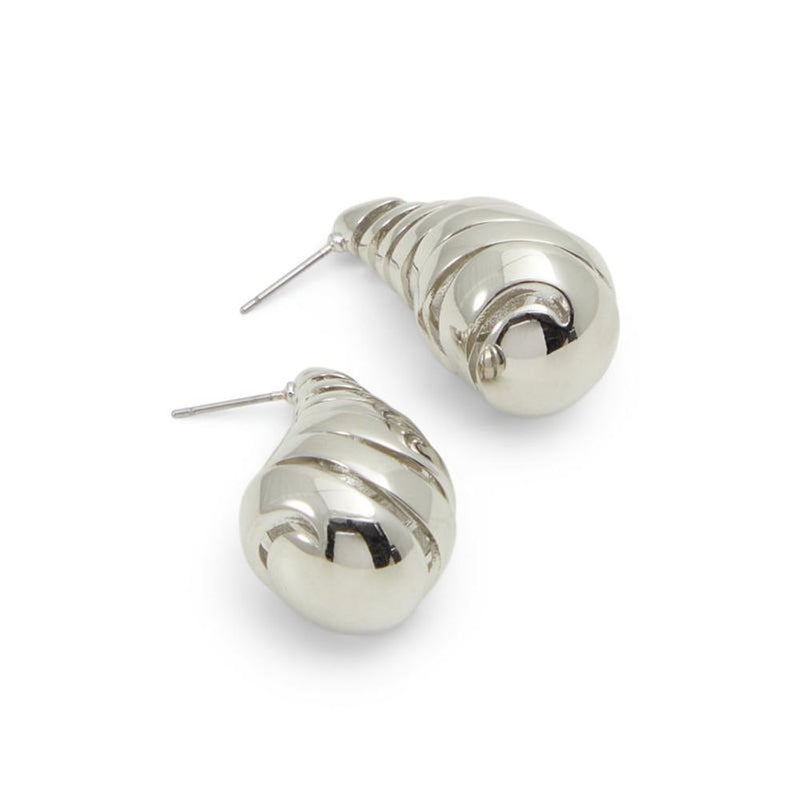 Polished silver metallic teardrop stud earrings with a ribbed, spiral design