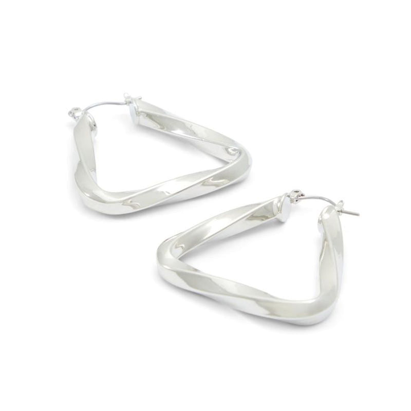 Glossy silver twisted triangular hoop earrings