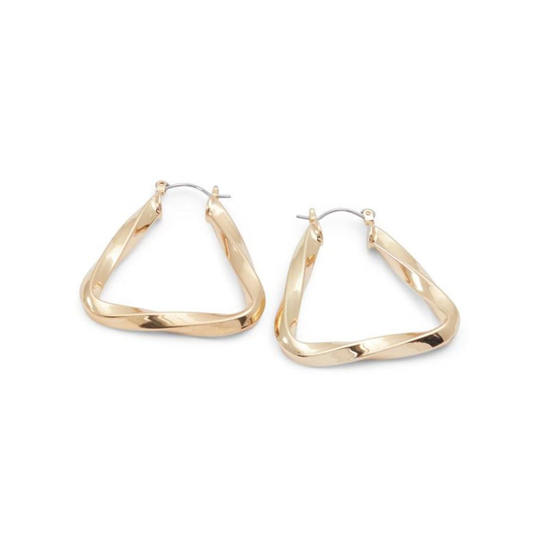 Polished gold metal triangular hoop earrings with a twisted design