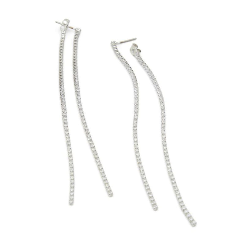 Silver metal drop earrings with two long, curved rhinestone-encrusted strands each