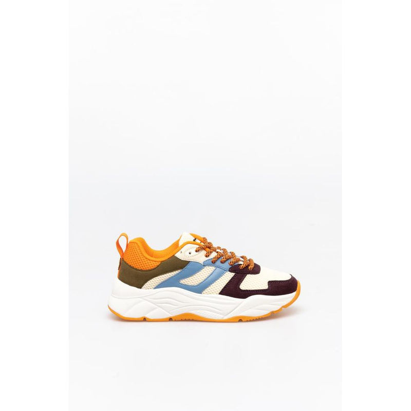 Multicolor nylon and suede athletic sneaker with white chunky sole and orange laces