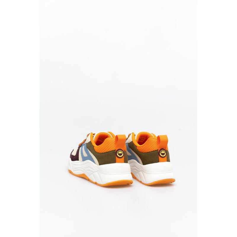 Multicolor nylon athletic sneakers with chunky white soles and orange inner lining seen from the back