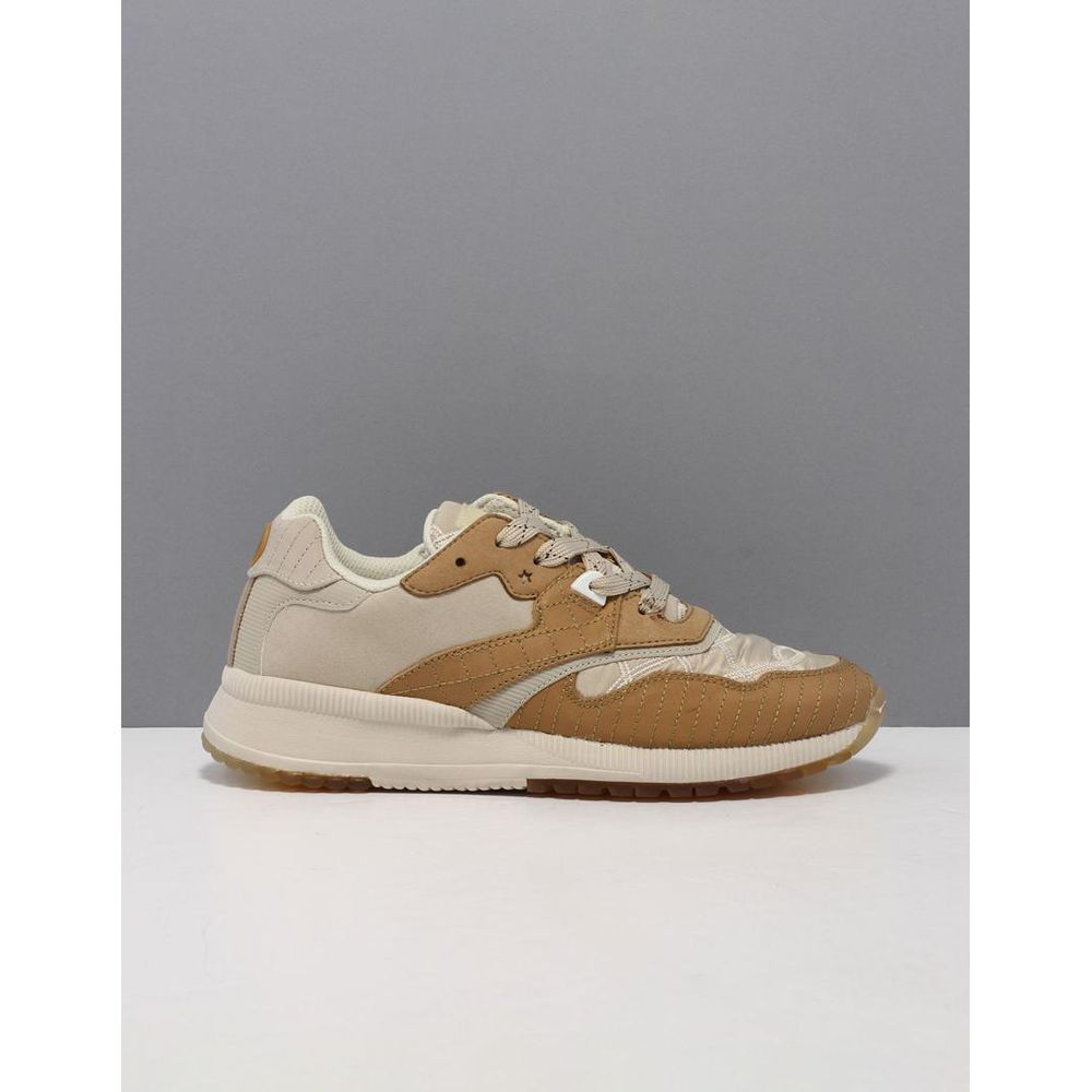 Scotch & Soda beige low-top sneakers in quilted nylon and tan leather with a chunky off-white sole.
