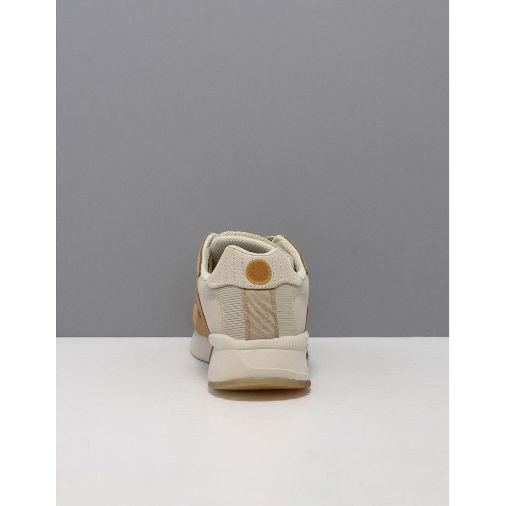 Rear view of Scotch & Soda beige nylon and suede low-top sneakers with a tan logo patch on the heel.