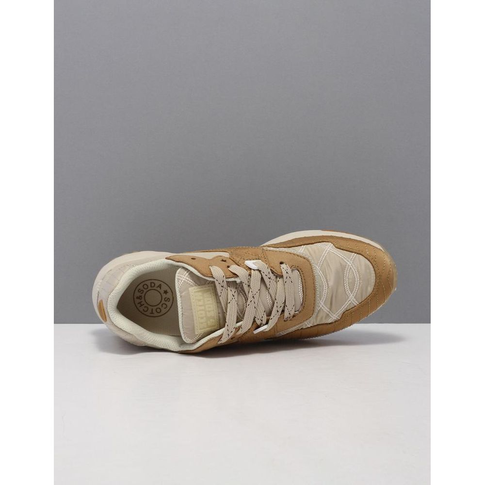 Scotch & Soda beige nylon low-top sneakers featuring suede overlays, quilted stitching, and branded tongue patch.