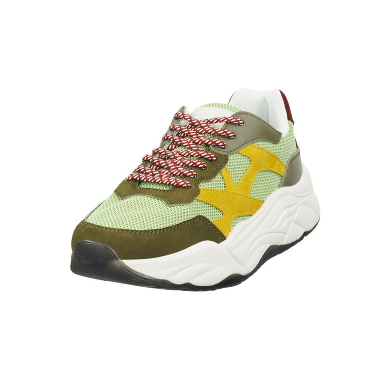 Scotch & Soda green goatskin chunky sneakers with yellow accents and red-and-white patterned laces