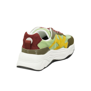 Green goatskin chunky sneaker with mesh, yellow suede accents, burgundy heel, and thick white sole