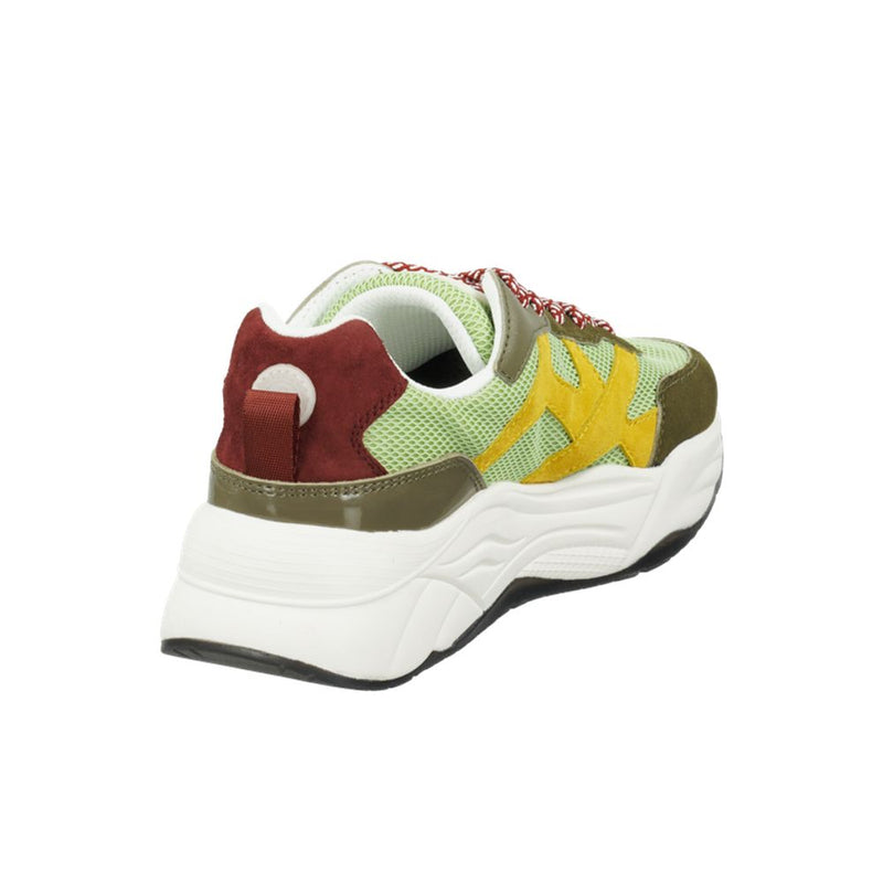 Green goatskin chunky sneaker with mesh, yellow suede accents, burgundy heel, and thick white sole