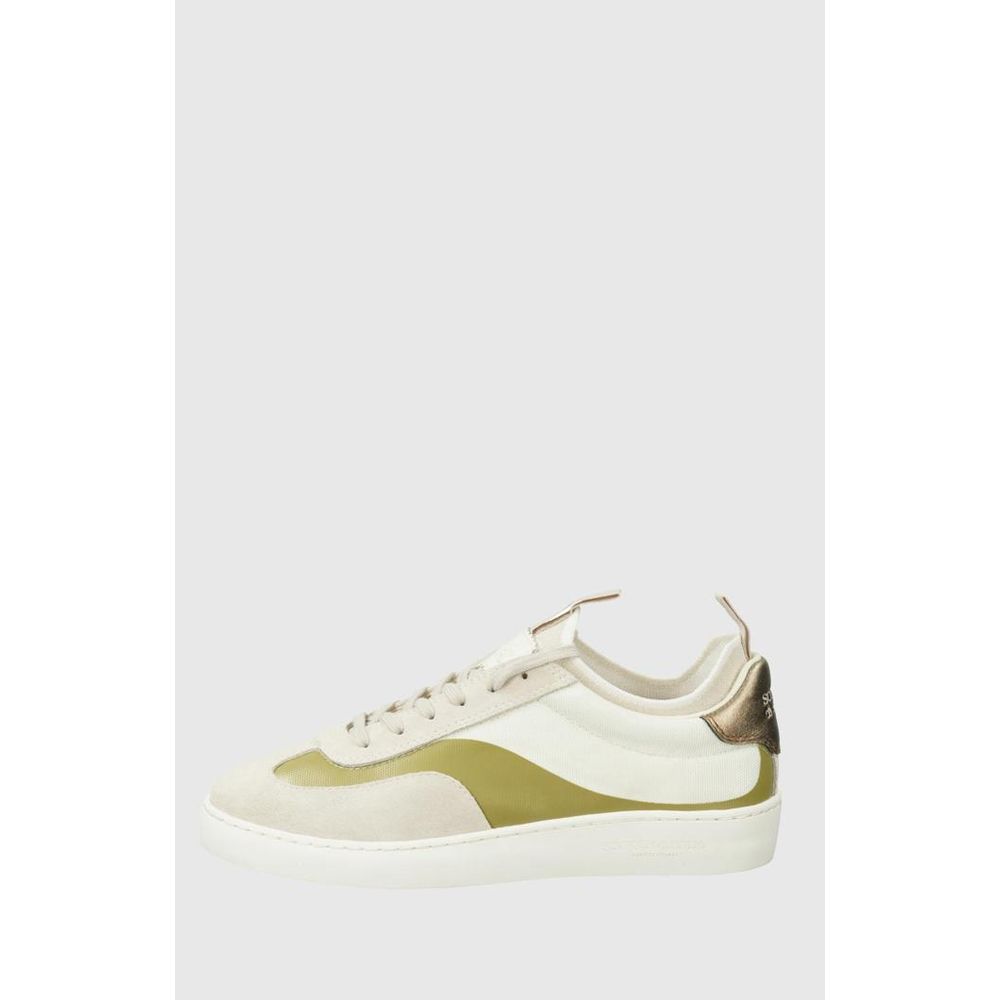 Scotch & Soda beige low-top sneaker in suede and fabric with olive green panels and a metallic gold heel tab.