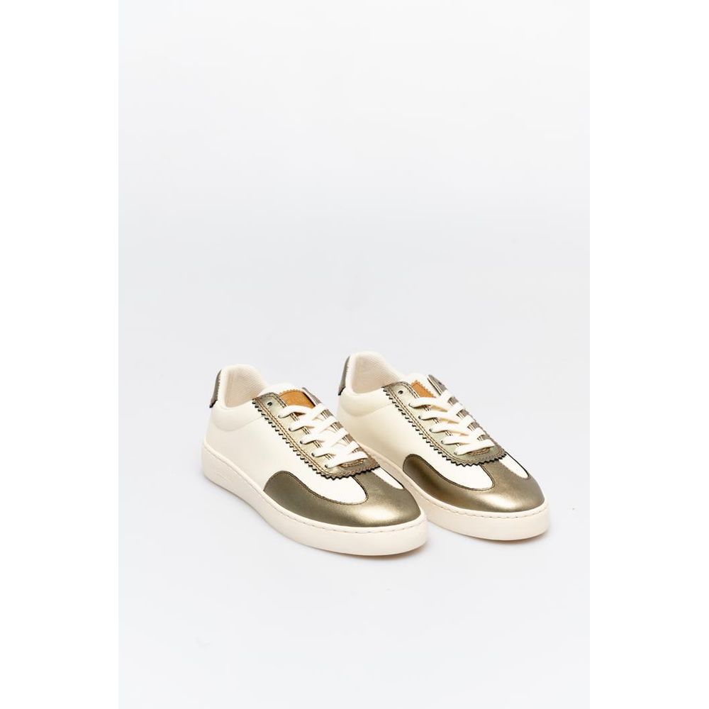 Scotch & Soda low-top sneakers in off-white leather with metallic bronze leather accents and white laces.