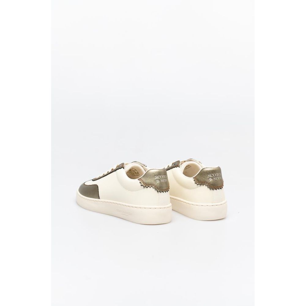 Scotch & Soda low-top sneakers in off-white leather with metallic bronze accents and a scalloped heel detail.