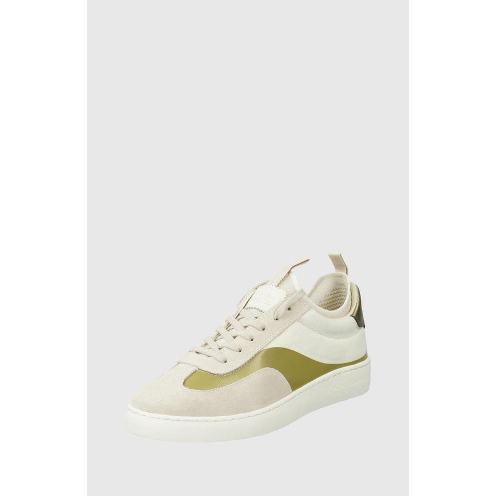Scotch & Soda beige low-top sneakers in suede and canvas with olive green leather side panels and white rubber soles.