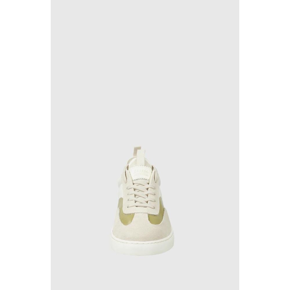 Scotch & Soda beige leather and suede low-top sneakers with olive green accents and a white rubber sole.