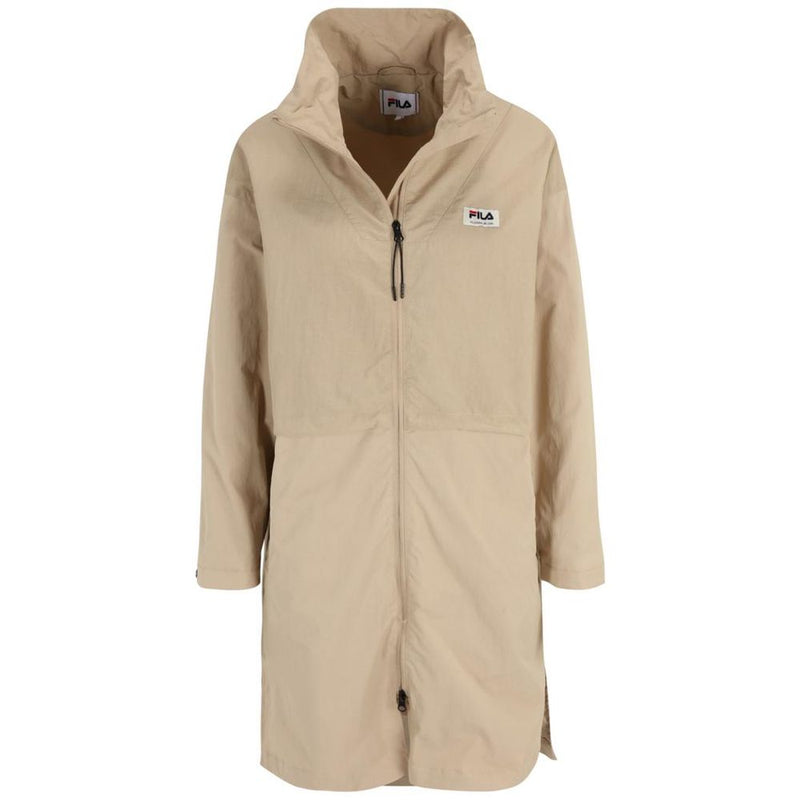 Beige cotton zip-up coat with high collar and Fila logo patch