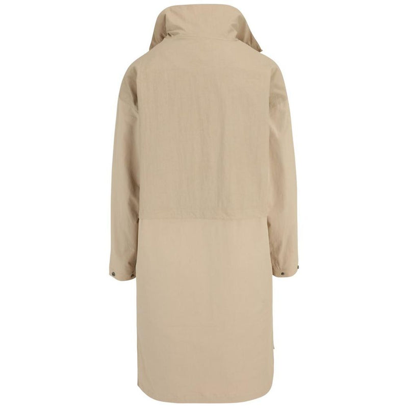 Back view of a plain olive green cotton coat with a high collar
