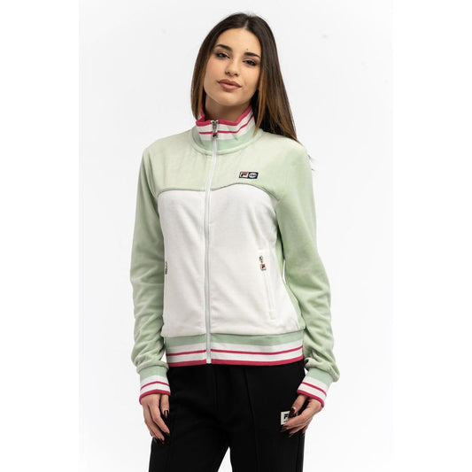 Fila multicolor cotton zip-up sweatshirt with a high neck, white torso, and sage green sleeves with pink stripes