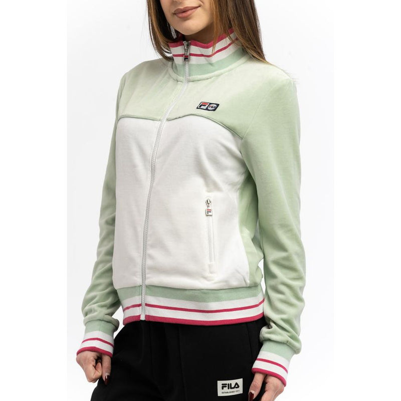 Mint green, white, and pink cotton zip-up sweatshirt with a stand collar and ribbed striped cuffs