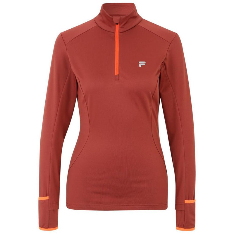 Burgundy polyester quarter-zip sweatshirt with orange accents and a small white Fila logo on the chest