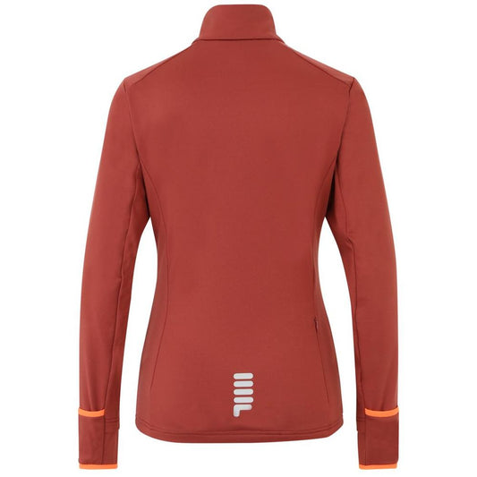 Burgundy polyester zip-up sweatshirt by Fila, shown from the back with orange cuff accents